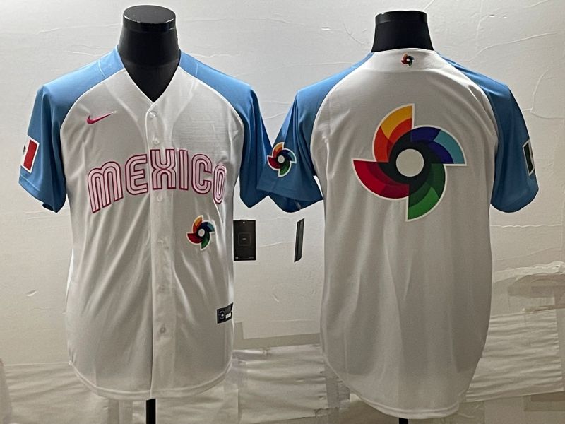 Men 2023 World Cub Mexico Blank White blue Nike MLB Jersey4